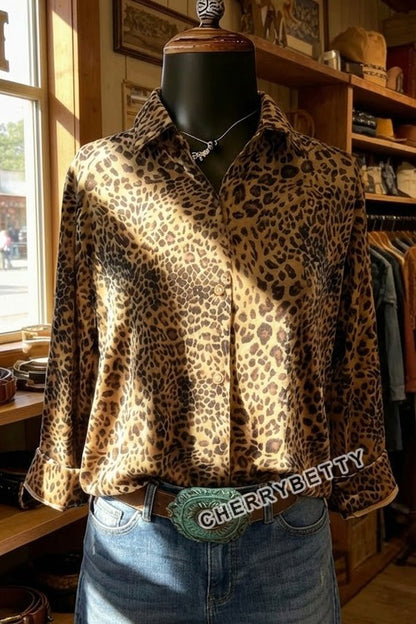 Leopard Print Collared Three Quater Sleeve Velvet Top