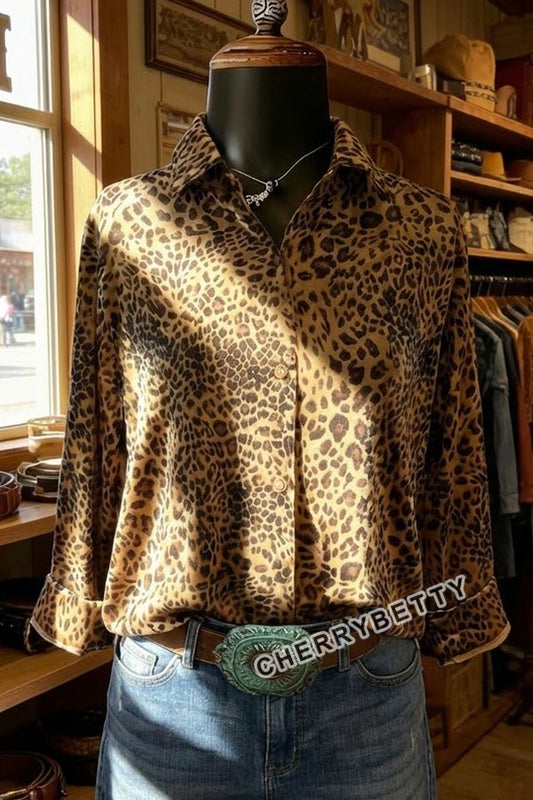 Leopard Print Collared Three Quater Sleeve Velvet Top
