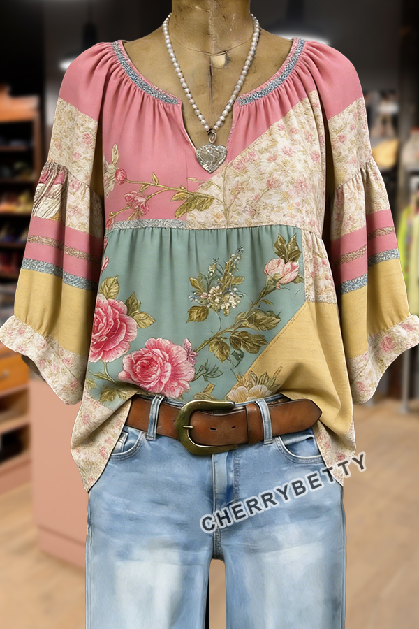 Retro Mixed Floral Print V-Neck Half Sleeve Top