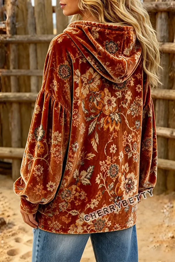 Retro Floral Print Long Sleeve Velvet Hoodie Top