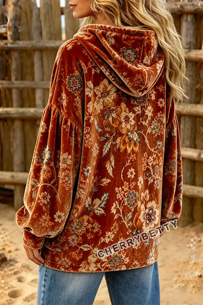 Retro Floral Print Long Sleeve Velvet Hoodie Top