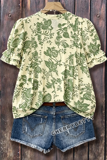 Vintage Floral Print Puff Sleeve Top