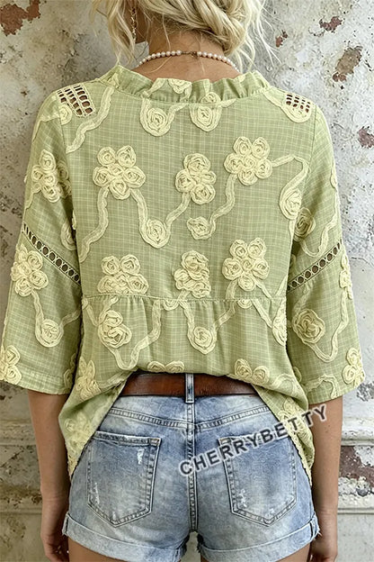 Vintage Floral Embroidered V-Neck Hollow Out Top
