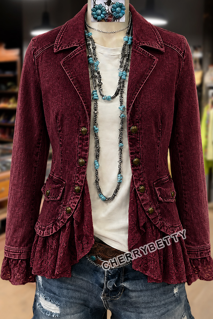 Solid Collar Long Sleeve Lace Ruffle Hem Jacket