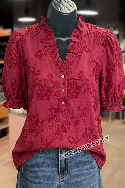 Solid Flower Embroidered V-Neck Cotton Top