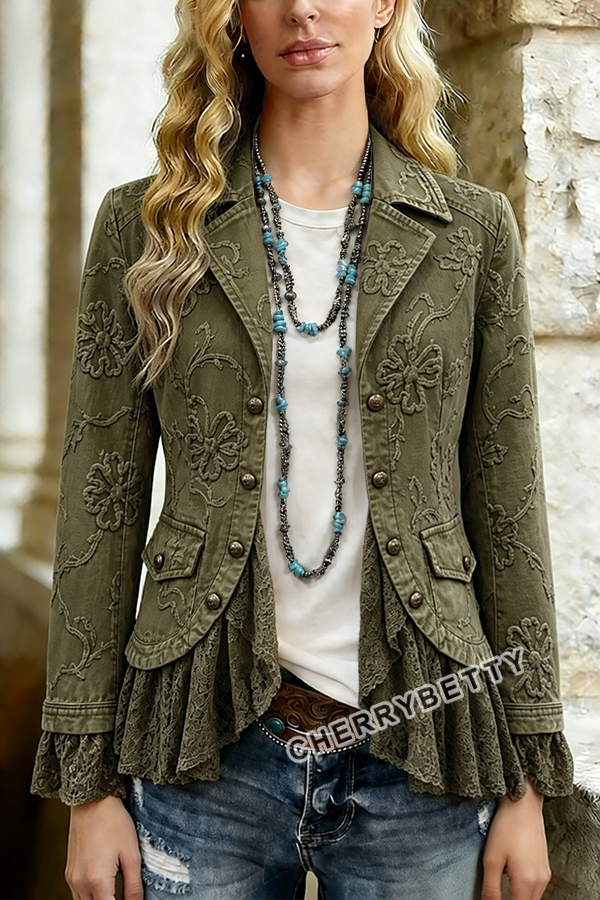 Elegant Flower Embroidered Lace Patch Cotton Jacket