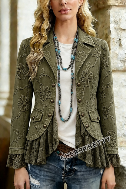 Elegant Flower Embroidered Lace Patch Cotton Jacket