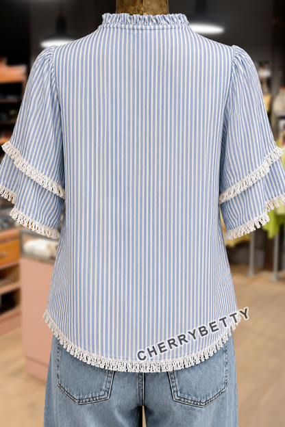 Casual Striped Ruffle Neck Frayed Hem Top