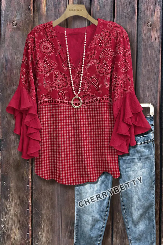 Mixed Paisley Gingham Print Ruffle Sleeve Hollow ut Top