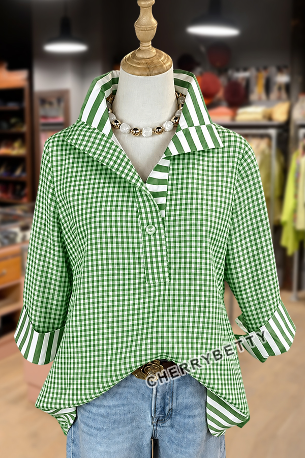 Classic Gingham Pattern Striped Collar Three Quater Sleeve Blouse