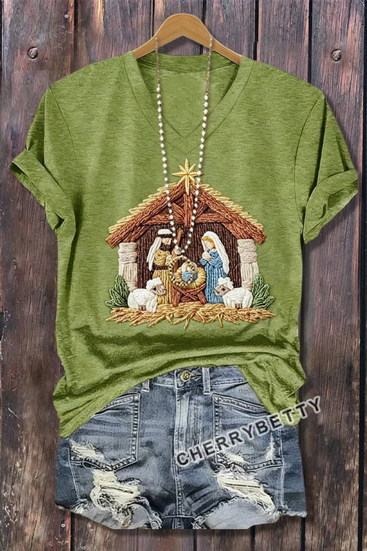 Christmas Nativity Scene Print V-Neck T-Shirt