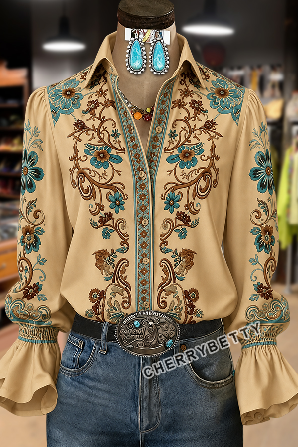 Boho Floral Print Double Bell Sleeve Blouse