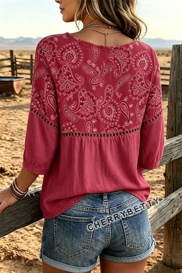 Vintage Paisley Floral Print  Hollow Out Cotton Top