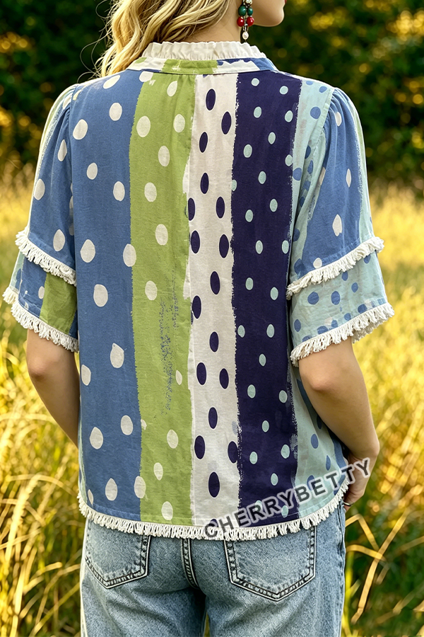 Mixed Polka Dot Print Ruffle Neck Frayed Hem Top