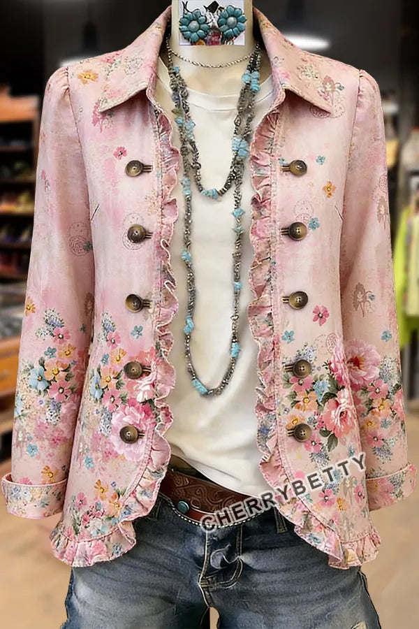 Vintage Floral Print Ruffle Trim Collared Jacket