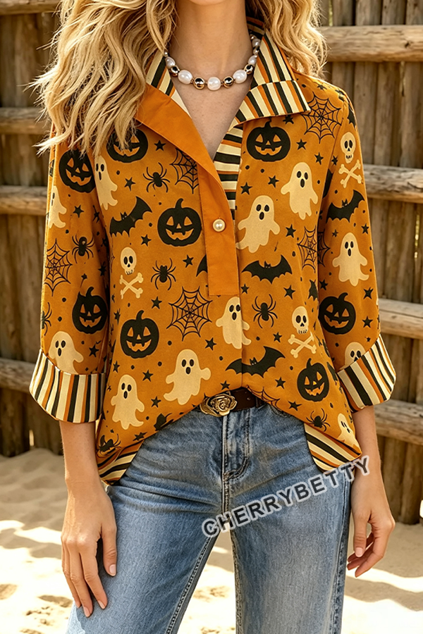 Halloween Ghost Pumpkin Print Striped Collar Three Quater Sleeve Blouse