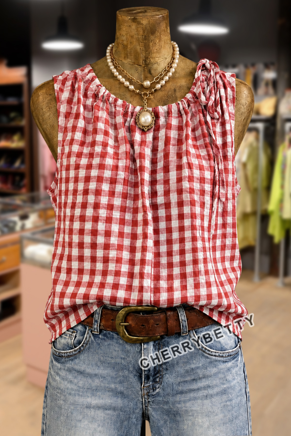 Classic Gingham Pattern Drawstring Tied Neck Tank Top