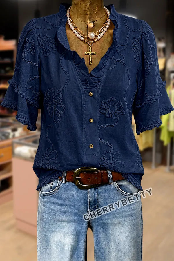 Vintage Flower Embroidered Ruffle Neck Frayed Hem Top
