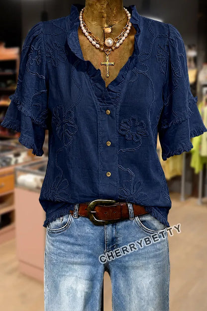 Vintage Flower Embroidered Ruffle Neck Frayed Hem Top