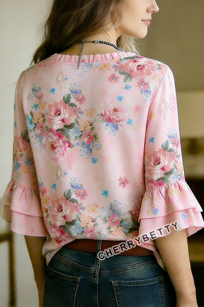 Vintage Floral Print V-Neck Ruffle Sleeve Top