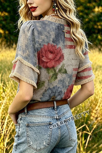 Retro American Floral Print Frayed Hem Top