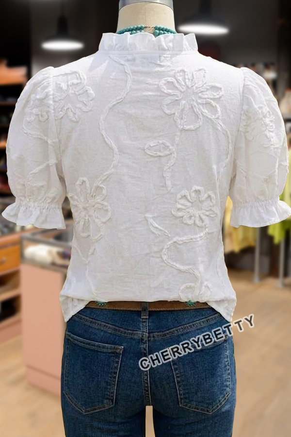 Flower Embroidered Ruffle Neck Puff Sleeve Cotton Top