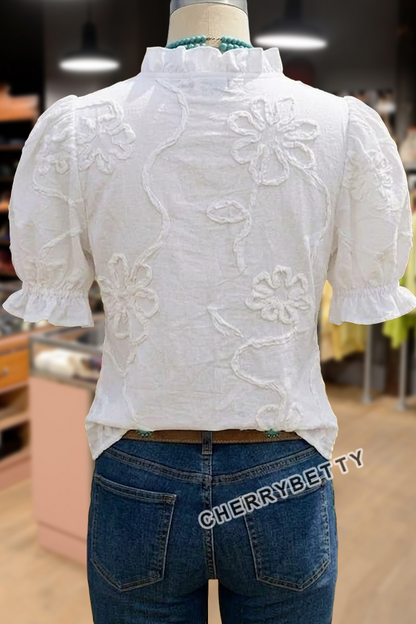 Flower Embroidered Ruffle Neck Puff Sleeve Cotton Top