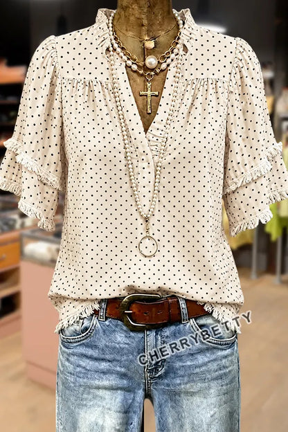 Classic Polka Dot Print Ruffle V-Neck Frayed Hem Top