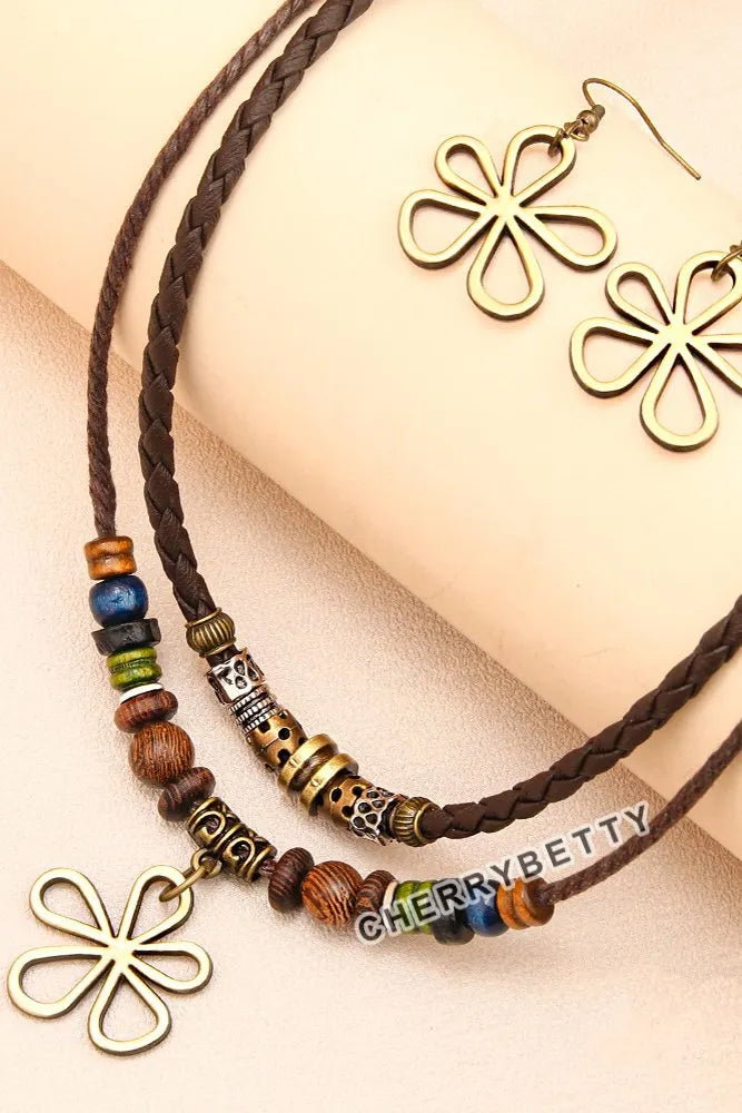 Boho Flower Beaded Necklace And Earrings Set