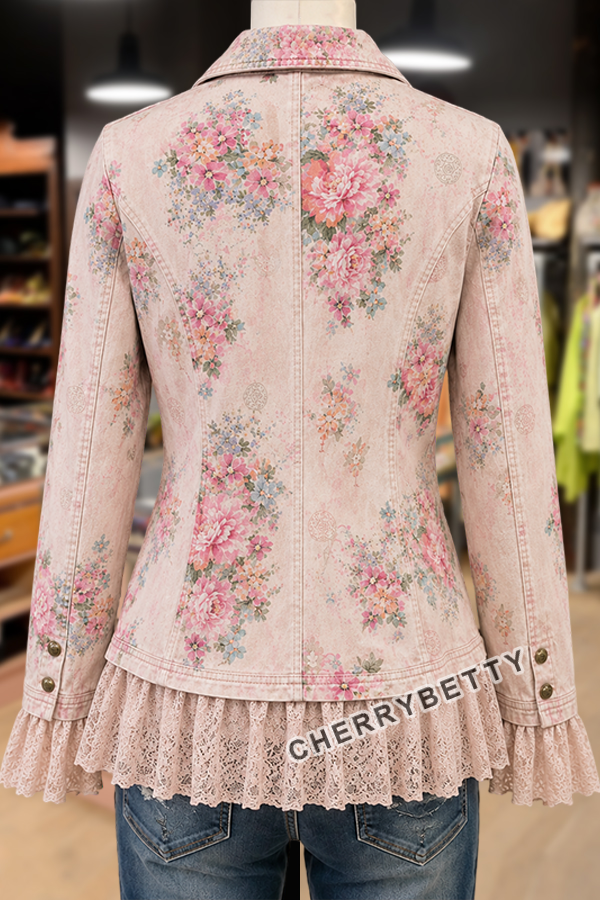Vintage Floral Print Lace Patch Denim Jacket