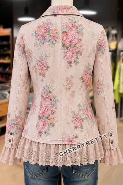 Vintage Floral Print Lace Patch Denim Jacket