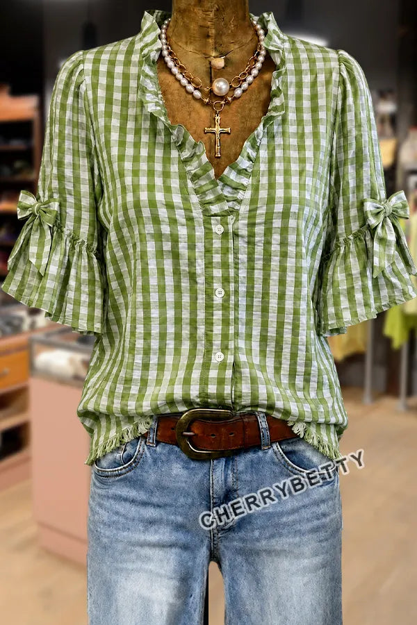 Classic Gingham Ruffle Neck Bow Decor Ruffle Sleeve Blouse