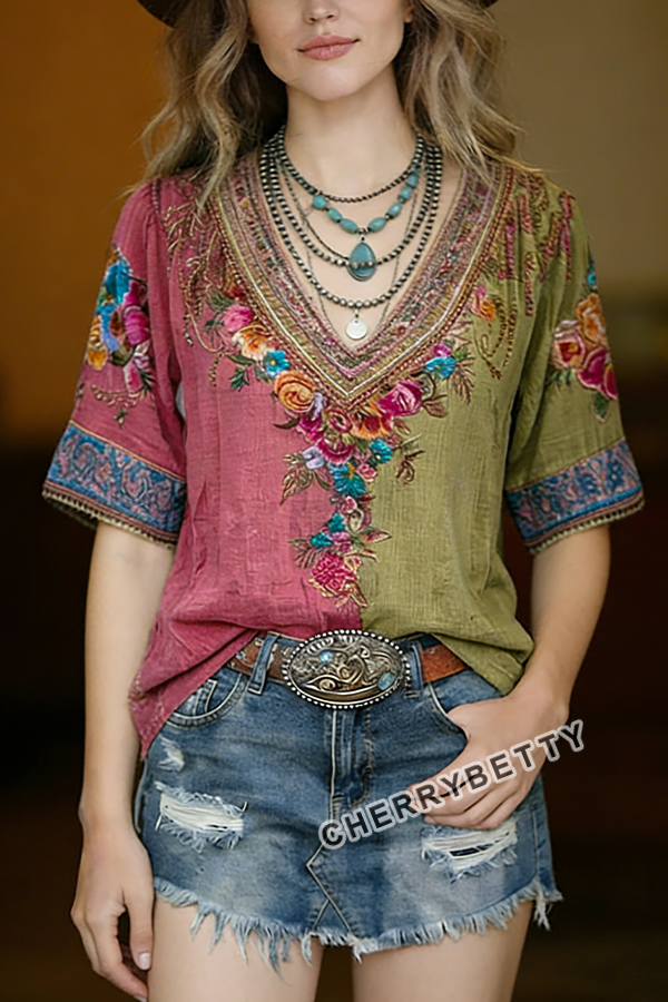 Retro Flower Embroidered V-Neck Short Sleeve Cotton Top