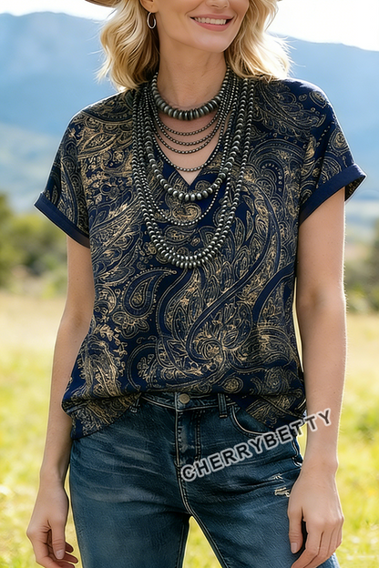 Retro Paisley Print Short Sleeve T-Shirt