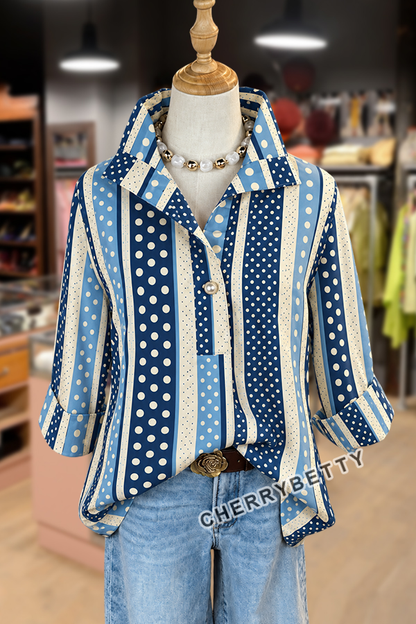 Mixed Polka Dot Print Collared Three Quater Sleeve Blouse