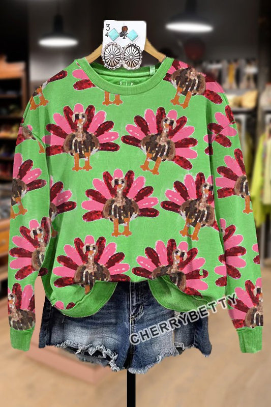 Casual Turkey Print Round Neck Long Sleeve Sweatshirt