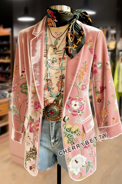 Vintage Floral Print Velvet Blazer