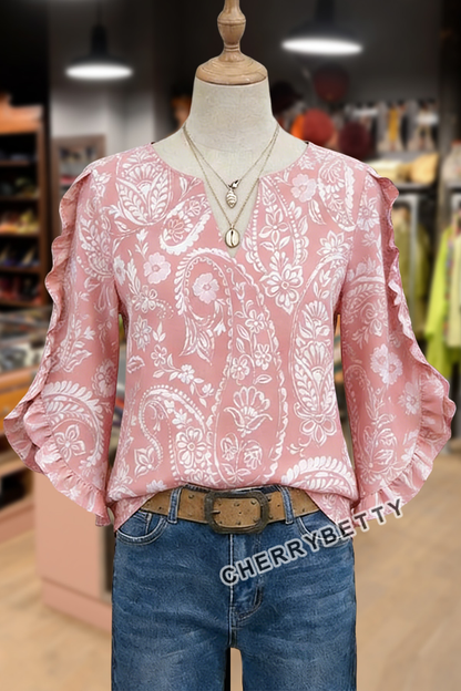 Vintage Paisley Print Ruffle Trim Three Quater Sleeves Blouse