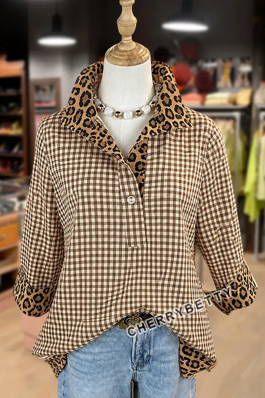 Classic Gingham Pattern Leopard  Collar Three Quater Sleeve Blouse