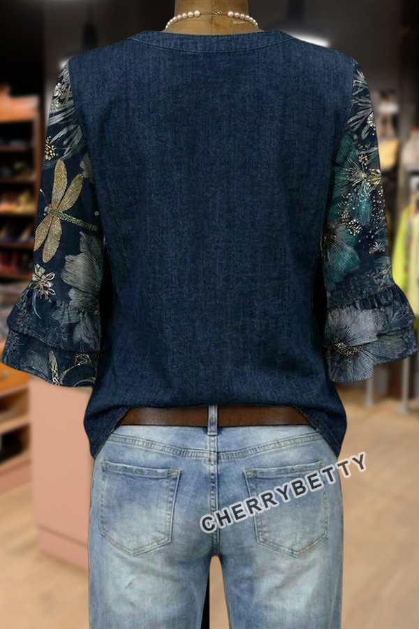 Vintage Floral Print V-Neck Ruffle Sleeve Top