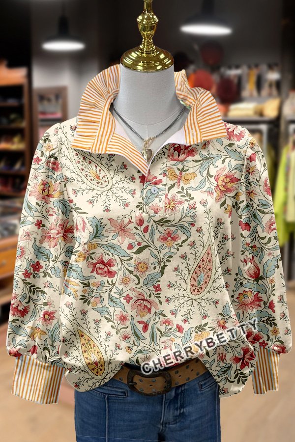 Paisley Floral Print Striped Blouse
