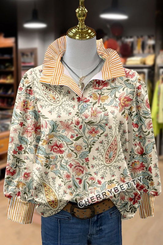 Paisley Floral Print Striped Blouse