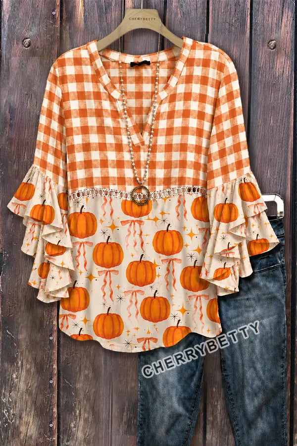 Vintage Plaid Pumpkin Print Hollow Out Ruffle Sleeve Top