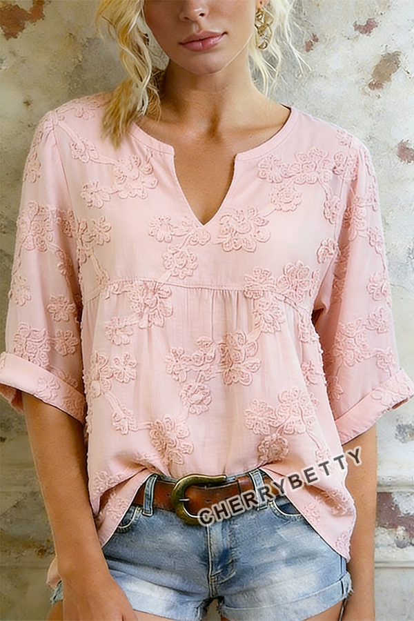 Vintage Floral Embroidered Notch Neck Half Sleeve Cotton Blouse