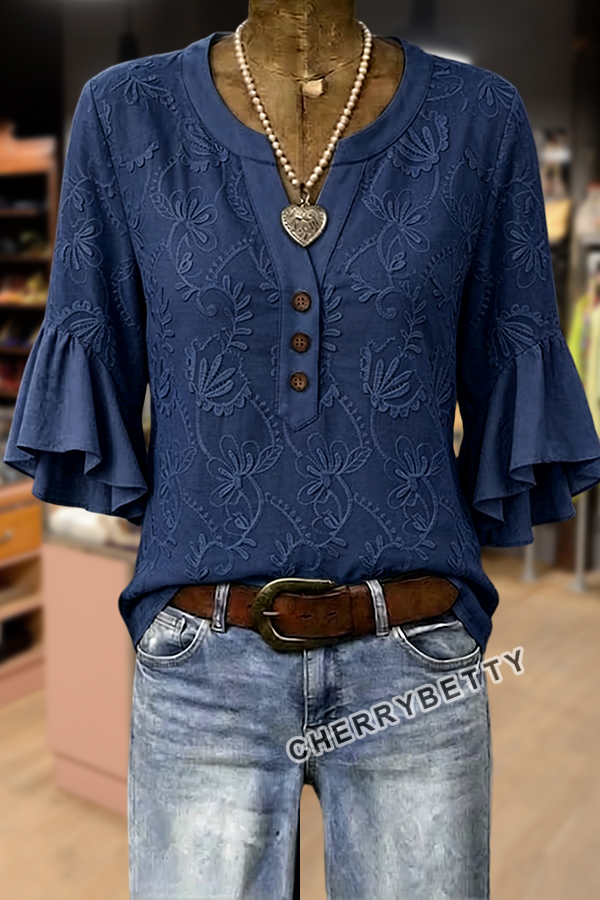 Vintage Flower Embroidered Notch Neck Ruffle Sleeve Blouse