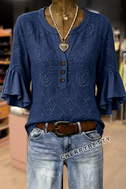 Vintage Flower Embroidered Notch Neck Ruffle Sleeve Blouse
