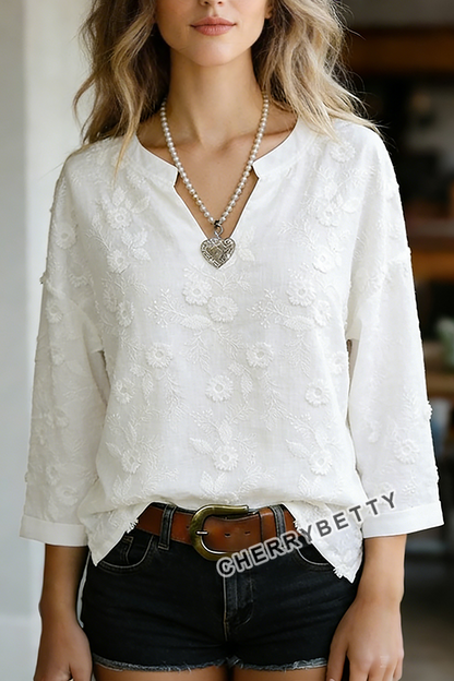 Vintage Floral Embroidered Notch Neck Half Sleeve Blouse