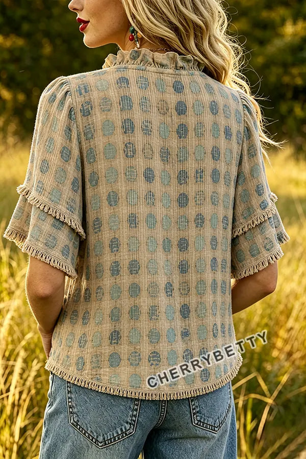 Retro Polka Dot Print Ruffle Neck Frayed Hem Top