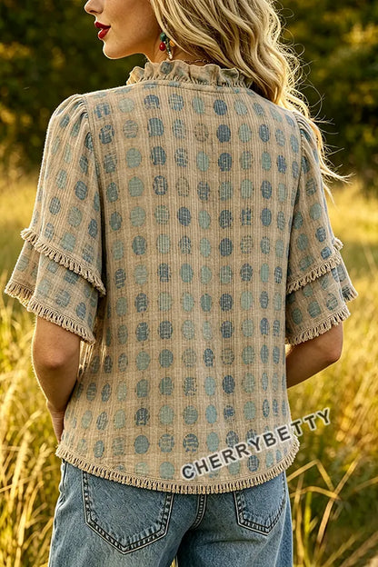 Retro Polka Dot Print Ruffle Neck Frayed Hem Top