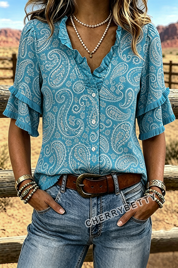 Vintage Paisley Print Ruffle Neck Frayed Hem Top